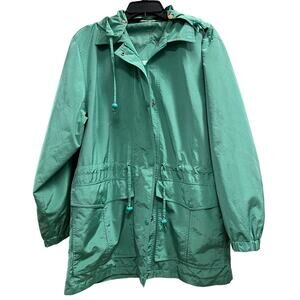 Misty Harbor Vintage teal green long windbreaker removable hood plus sz XXL